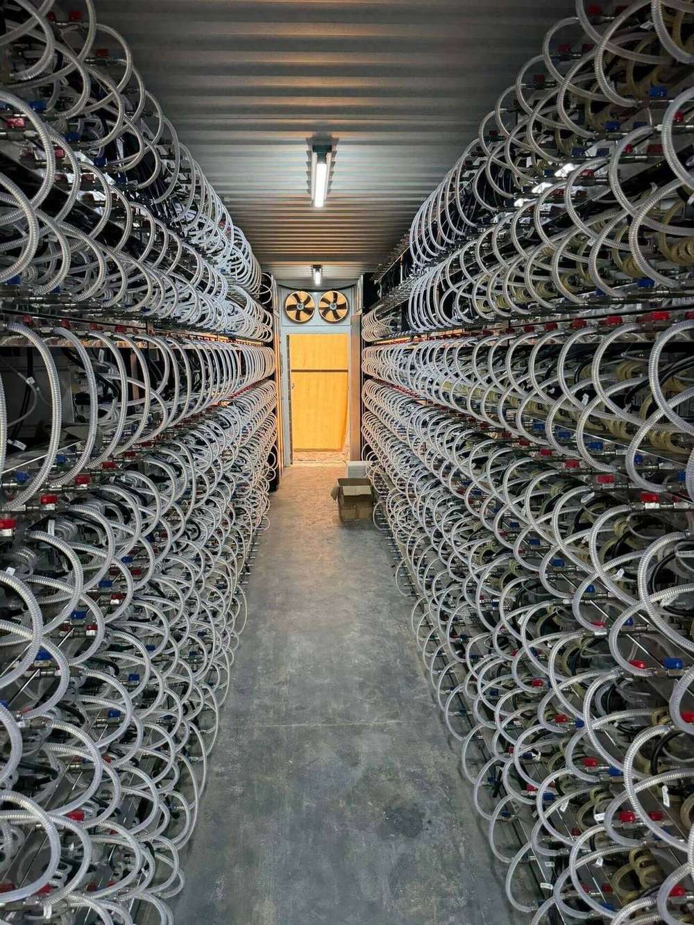 Hydro-cooling hosting hall — aisle of ASIC miners